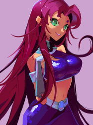 Rule 34 | absurdres, belt, breasts, colored sclera, colored skin, commentary, cowboy shot, dc comics, english commentary, green eyes, green sclera, highres, long hair, looking at viewer, medium breasts, midriff, navel, nem graphics, orange skin, red hair, skirt, smile, starfire, teen titans
