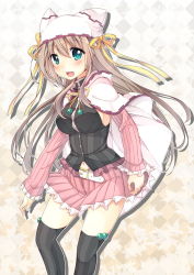 Rule 34 | 1girl, :d, animal hat, beige background, belt, black thighhighs, blonde hair, blue eyes, blush, breasts, buckle, cape, cat hat, checkered background, cowboy shot, gradient background, hat, hat ribbon, highres, leaf, leaf background, long hair, long sleeves, looking at viewer, navel, open mouth, oruto (ort+), pink skirt, pleated skirt, ribbon, sanoba witch, shiiba tsumugi, sideboob, simple background, skirt, smile, solo, striped clothes, striped thighhighs, thighhighs, zettai ryouiki
