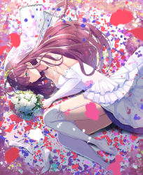 Rule 34 | 1girl, ahoge, blue eyes, blush, bouquet, breasts, bridal gauntlets, bridal veil, cleavage, dress, earrings, flower, garter straps, gloves, high heels, holding, holding bouquet, ichinose shiki, idolmaster, idolmaster cinderella girls, irohakaede, jewelry, long hair, looking at viewer, lying, medium breasts, necklace, off-shoulder shirt, off shoulder, on side, pearl necklace, rose, shirt, shoes, unworn shoes, smile, solo, thighhighs, veil, wavy hair, wedding dress, white dress, white flower, white footwear, white gloves, white rose, white thighhighs
