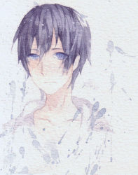 Rule 34 | 1boy, blue eyes, blue hair, closed mouth, collarbone, eyes visible through hair, free!, highres, looking at viewer, male focus, nanase haruka (free!), painting (medium), short hair, solo, texture, tkm (1322323425), traditional media, upper body, watercolor (medium)