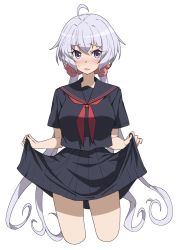Rule 34 | 1girl, ahoge, blush, breasts, clothes lift, hair ornament, hair scrunchie, large breasts, lifted by self, long hair, looking at viewer, open mouth, purple eyes, school uniform, scrunchie, senki zesshou symphogear, silver hair, simple background, skirt, skirt lift, solo, tsukamoto kensuke, twintails, white background, yukine chris