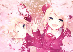 Rule 34 | 1boy, 1girl, blazer, blonde hair, brother and sister, cherry blossoms, fang, from above, hat, hinata (princess apple), jacket, kagamine len, kagamine rin, long sleeves, looking at viewer, looking up, neck ribbon, one eye closed, open mouth, petals, pleated skirt, red hat, red jacket, red ribbon, red skirt, ribbon, short hair, siblings, skirt, smile, twins, unworn hat, unworn headwear, vocaloid, yellow eyes