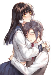 Rule 34 | 1boy, 1girl, arms around neck, blue sailor collar, blue skirt, blush, closed mouth, earrings, facial mark, forehead mark, from side, grey hair, grey vest, hetero, hug, jewelry, kangetsu (fhalei), long hair, long sleeves, looking at viewer, necktie, original, parted lips, pleated skirt, pom pom (clothes), pom pom earrings, red neckwear, sailor collar, school uniform, serafuku, shirt, simple background, skirt, vest, white background, white shirt, yellow eyes