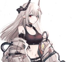 Rule 34 | 1girl, arknights, bare shoulders, breasts, cleavage, highres, horns, infection monitor (arknights), jewelry, large breasts, long hair, looking at viewer, material growth, mudrock (arknights), mudrock (elite ii) (arknights), navel, oripathy lesion (arknights), pointy ears, red eyes, return moon, solo, stomach, white background, white hair