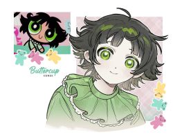 Rule 34 | 1girl, artist name, black hair, buttercup (ppg), buttercup redraw challenge (meme), character name, collar, derivative work, frilled collar, frills, green eyes, green pajamas, looking at viewer, meme, messy hair, pajamas, powerpuff girls, reference inset, screenshot inset, screenshot redraw, shadow, short hair, smile, snek k bb, solo, upper body