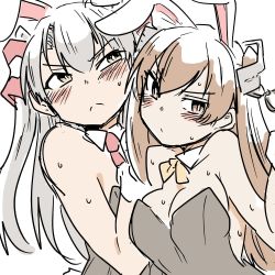 Rule 34 | 2girls, alternate costume, amatsukaze (kancolle), animal ears, bare shoulders, blush, breasts, brown eyes, brown hair, cleavage, closed mouth, collar, collarbone, commentary, fake animal ears, frown, gloves, hair between eyes, hair tubes, highres, johnston (kancolle), kantai collection, leotard, long hair, multiple girls, orange neckwear, playboy bunny, poyo (hellmayuge), rabbit ears, red neckwear, silver hair, simple background, sweat, nervous sweating, two side up, upper body, v-shaped eyebrows, white background, white gloves
