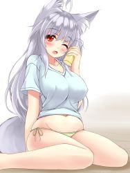 Rule 34 | 1girl, ahoge, animal ear fluff, animal ears, breasts, covered erect nipples, fox ears, fox tail, gradient background, highres, large breasts, long hair, looking at viewer, md5 mismatch, no pants, one eye closed, original, panties, plump, red eyes, shirt, side-tie panties, simple background, sitting, sogaya, solo, string panties, tail, tareme, taut clothes, taut shirt, underwear, wariza, white hair