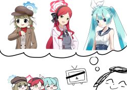 Rule 34 | 1boy, 3girls, ^ ^, animal ears, aqua hair, doodle sensei (blue archive), black eyes, black hairband, blue archive, blue eyes, blue sailor collar, bow, brown hair, brown jacket, cabbie hat, calciumin, center frills, check commentary, chibi, closed eyes, commentary request, cropped torso, dress, frills, grey dress, hair bobbles, hair bow, hair ornament, hairband, halo, hat, hatsune miku, highres, holding, holding pen, idolmaster, imagining, jacket, kei (keigarou) (style), long hair, long sleeves, lop rabbit ears, low twintails, multiple girls, multiple style parody, niconico, official style, open clothes, open jacket, parody, parted bangs, pen, pink jacket, rabbit ears, red brooch, red hair, red shirt, sailor collar, sensei (blue archive), shirt, short twintails, sidelocks, simple background, sleeveless, sleeveless dress, smile, style parody, sweatdrop, takane (blue archive), terebi-chan, touhou, turtleneck, twintails, vocaloid, vocaloid boxart pose, wavy hair, white background, white bow, yakumo (blue archive), yellow eyes, zun (style)