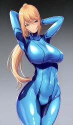 Rule 34 | 1girl, alternate breast size, arms behind head, arms up, blonde hair, blue bodysuit, blue eyes, blush, bodysuit, breasts, commentary request, covered navel, cowboy shot, gradient background, grey background, headphones, highres, impossible bodysuit, impossible clothes, large breasts, long hair, looking away, looking down, metroid, metroid: zero mission, mole, mole under mouth, nintendo, ponytail, samus aran, shiny clothes, sidelocks, skindentation, solo, takanashi-a, zero suit