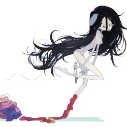 Rule 34 | 1boy, 1girl, adventure time, amiami, black hair, blush, blush stickers, breasts, clothes, d:, finn the human, long hair, marceline abadeer, nude, open mouth, pale skin, panties, panty pull, pointy ears, simple background, skinny, small breasts, socks, underwear, undressing, very long hair, white background