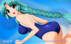 Rule 34 | 1990s (style), 1girl, :d, ass, bare shoulders, barefoot, blue background, braid, calendar, canal vorfeed, competition school swimsuit, competition swimsuit, dutch angle, green hair, headphones, highres, long hair, looking at viewer, lost universe, one-piece swimsuit, open mouth, purple eyes, retro artstyle, school swimsuit, simple background, smile, solo, sugimura tomokazu, swimsuit, tareme, thighs