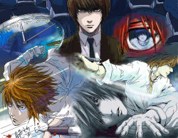 Rule 34 | 00s, 2boys, blood, brown eyes, brown hair, clock, collage, death note, falling, formal, l (death note), lying, male focus, multiple boys, multiple views, pen, suit, upper body, yagami light