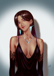 Rule 34 | 1girl, against wall, black dress, black gloves, breasts, brown eyes, brown hair, cleavage, collarbone, dark-skinned female, dark skin, dress, earrings, artistic error, forehead, gloves, gown, head tilt, highres, jewelry, l.k, lace, lace-trimmed gloves, lace trim, lipstick, long hair, looking at viewer, makeup, medium breasts, necklace, no bra, overwatch, overwatch 1, plunging neckline, portrait, revision, shadow, solo, spaghetti strap, symmetra (overwatch), triangle earrings
