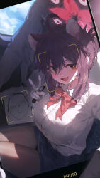 Rule 34 | 1boy, 1girl, absurdres, ahoge, airplane interior, animal ears, blue archive, blue skirt, blush, bow, bowtie, breasts, brown pantyhose, cellphone, cellphone photo, doodle sensei (blue archive), doodles, drawing on another&#039;s face, extra ears, facial recognition, fang, female pov, gloves, halo, highres, holding, holding marker, holding phone, id card, kaede (blue archive), kaede (guide) (blue archive), large breasts, looking at viewer, marker, pantyhose, paper, phone, pov, pov hands, purple hair, red bow, red bowtie, selfie, sensei (blue archive), shirt, sitting, skin fang, skirt, smile, sushispin, v, white gloves, white shirt
