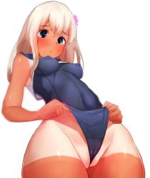 Rule 34 | 10s, 1girl, absurdres, alternate breast size, blonde hair, blue eyes, blue one-piece swimsuit, blush, boruhis, bracelet, breasts, clothes pull, covered erect nipples, covered navel, cowboy shot, flower, from below, frontal wedgie, hair between eyes, hair flower, hair ornament, hibiscus, highres, jewelry, kantai collection, long hair, looking down, medium breasts, one-piece swimsuit, one-piece swimsuit pull, one-piece tan, open mouth, partially visible vulva, ro-500 (kancolle), school swimsuit, solo, swimsuit, swimsuit under clothes, tan, tanline, thighs, wedgie, wide hips