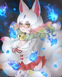 Rule 34 | 10s, 1girl, animal ears, artist name, bell, blonde hair, blue hair, bow, breasts, cleavage, collar, cowboy shot, facial mark, fire, fox ears, fox tail, fur trim, glasses, gloves, green hair, kemono friends, kitsune, kyuubi, kyuubi (kemono friends), large breasts, miniskirt, multicolored hair, multiple tails, neck bell, open mouth, purple hair, red hair, skirt, solo, tail, tatsuno newo, thighhighs, upper body, yellow eyes