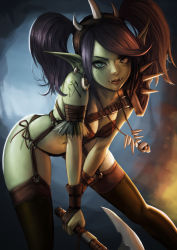 Rule 34 | 1girl, armband, armor, axe, belt, bra, breasts, cleavage, closed mouth, colored skin, commentary request, earrings, fangs, fangs out, feet out of frame, female orc, fingerless gloves, gloves, green eyes, green skin, headband, highres, holding, holding weapon, jewelry, jungon kim, leaning forward, leather, leather gloves, light smile, lips, looking at viewer, medium breasts, navel, necklace, orc, panties, pauldrons, pointy ears, purple hair, shoulder armor, shoulder tattoo, side-tie panties, single pauldron, skull necklace, solo, spikes, standing, suspenders, tattoo, thighhighs, tooth earrings, tooth necklace, twintails, underwear, warcraft, warrior, weapon, world of warcraft