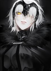 Rule 34 | au (d elete), bad id, bad twitter id, black dress, dress, fate/grand order, fate (series), fur trim, headpiece, jeanne d&#039;arc (fate), jeanne d&#039;arc alter (avenger) (fate), jeanne d&#039;arc alter (fate), looking at viewer, parted lips, portrait, solo, white hair, yellow eyes