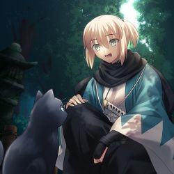 Rule 34 | 1girl, alternate hairstyle, animal, black cat, black scarf, black skirt, blonde hair, cat, commentary request, fate/grand order, fate (series), green eyes, hair between eyes, haori, japanese clothes, katana, kimono, koha-ace, long skirt, looking at another, official alternate hairstyle, okita souji (fate), okita souji (koha-ace), on one knee, open clothes, open mouth, outdoors, plant, ponytail, scarf, shinsengumi, shoori (migiha), short hair, sidelocks, skirt, smile, sword, tongue, tree, weapon, white kimono, wide sleeves