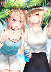 Rule 34 | 2girls, :d, arm up, bare shoulders, beach, black choker, black skirt, blonde hair, blue camisole, blue sky, blush, breasts, brown eyes, brown hair, camisole, choker, cleavage, closed mouth, clothing cutout, cloud, collarbone, cup, day, disposable cup, drinking straw, earrings, fang, fingernails, food, hair between eyes, hand on headwear, hat, highres, holding, holding cup, horizon, ice cream, ice cream float, jewelry, looking at viewer, medium breasts, multiple girls, nail polish, ocean, open mouth, original, outdoors, palm tree, piripun, purple nails, sand, shirt, short shorts, shorts, shoulder cutout, sidelocks, skirt, sky, smile, sun hat, tree, v, water, white headwear, white shirt, white shorts, yellow eyes
