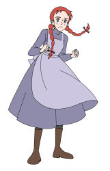 Rule 34 | 1girl, anne of green gables, anne shirley, apron, blue dress, blue eyes, boots, braid, clenched hands, dress, freckles, hair ribbon, highres, looking at viewer, omosiro, red hair, ribbon, simple background, standing, thighhighs, white background, world masterpiece theater