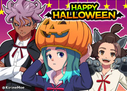 3boys animal_ears aqua_hair black_cape black_vest blue_eyes blue_shirt brown_eyes brown_hair cape collared_shirt fake_claws fangs green_hair halloween_costume happy_halloween highres inazuma_eleven_(series) inazuma_eleven_victory_road jack-o&#039;-lantern kirinemoe kisoji_heita long_hair looking_at_viewer male_focus multicolored_hair multiple_boys open_mouth purple_background purple_eyes purple_hair sakurazaki_jouji sasanami_unmei shirt star_(symbol) striped_background twitter_username upper_body vampire_costume vest werewolf_costume white_shirt wolf_ears wolf_paws