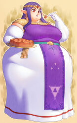 Rule 34 | 1girl, alternate body size, belly, better-with-salt, breasts, circlet, dress, eating, elbow gloves, eyeshadow, fat, food, full body, gloves, large breasts, long dress, long hair, makeup, nintendo, obese, princess hilda, purple eyeshadow, purple hair, red eyes, solo, standing, the legend of zelda, the legend of zelda: a link between worlds, thick thighs, thighs, tiara, triforce, white gloves