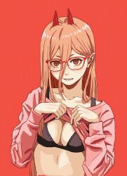 Rule 34 | 1girl, black bra, blonde hair, bra, breasts, brown eyes, chainsaw man, clothes lift, cross-shaped pupils, glasses, hair between eyes, highres, horns, long hair, looking at viewer, pink sweater, power (chainsaw man), red-framed eyewear, red background, red horns, sharp teeth, shiren (ourboy83), simple background, small breasts, smile, solo, sweater, symbol-shaped pupils, teeth, underwear
