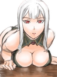 Rule 34 | 00s, 1girl, albino, all fours, bent over, bikini, breast press, breasts, cleavage, cleavage cutout, clothing cutout, crawling, large breasts, leaning forward, lips, looking at viewer, red eyes, selvaria bles, senjou no valkyria, senjou no valkyria (series), senjou no valkyria 1, silver hair, simple background, sketch, solo, swimsuit, thong bikini, ueyama michirou