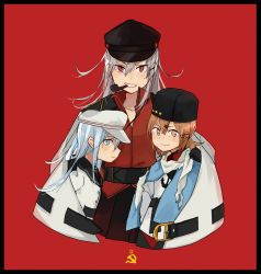 Rule 34 | 3girls, annin musou, bad id, bad twitter id, black hat, black sailor collar, black skirt, blue eyes, brown eyes, commentary request, facial scar, flat cap, gangut (kancolle), grey hair, grin, hair ornament, hairclip, hammer and sickle, hat, hibiki (kancolle), highres, kantai collection, long hair, looking at viewer, mouth hold, multiple girls, peaked cap, red background, red eyes, red shirt, sailor collar, scar, scar on cheek, scar on face, school uniform, serafuku, shirt, simple background, skirt, smile, smoking pipe, tashkent (kancolle), verniy (kancolle)