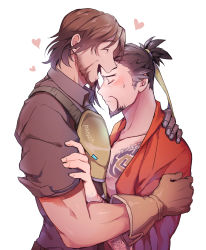 Rule 34 | 2boys, artist name, bad id, bad pixiv id, blush, brown gloves, brown hair, cassidy (overwatch), closed eyes, facial hair, facing another, gloves, hanzo (overwatch), highres, male focus, mechanical arms, multiple boys, open mouth, overwatch, overwatch 1, panza, profile, single glove, single mechanical arm, sweatdrop, tattoo