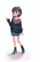 Rule 34 | 1girl, black hair, blush, collarbone, commentary request, fukuyama mai, full body, hair ornament, hair scrunchie, highres, idolmaster, idolmaster cinderella girls, jacket, kyouno, long hair, looking at viewer, loose socks, off shoulder, scrunchie, shirt, shoes, simple background, skirt, smile, sneakers, socks, solo, t-shirt, white background