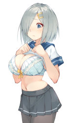Rule 34 | 1girl, blue bra, blue eyes, blush, bra, breasts, cleavage, clothes lift, commentary request, cowboy shot, fumikiri, gloves, grey skirt, hair ornament, hair over one eye, hairclip, hamakaze (kancolle), highres, hip focus, kantai collection, large breasts, looking at viewer, navel, pantyhose, pleated skirt, school uniform, serafuku, shirt lift, short hair, short sleeves, silver hair, simple background, skirt, solo, standing, thighs, underwear, white background, white gloves