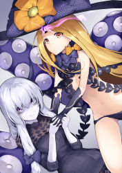 Rule 34 | 2girls, abigail williams (fate), abigail williams (third ascension) (fate), bags under eyes, black bow, black dress, black gloves, black hat, black panties, blonde hair, bow, breasts, closed mouth, commentary request, dabuki, dress, elbow gloves, fate/grand order, fate (series), fingernails, gloves, grey background, hair between eyes, hat, highres, horns, interlocked fingers, lavinia whateley (fate), long hair, looking at viewer, multiple girls, navel, orange bow, orange eyes, panties, parted bangs, polka dot, polka dot bow, purple eyes, revealing clothes, silver hair, single horn, skull print, small breasts, smile, suction cups, tentacles, topless, underwear, very long hair, witch hat