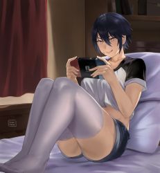 Rule 34 | 1girl, :q, artist name, bandaid, bandaid on face, bedroom, black hair, black sleeves, bookshelf, breasts, collarbone, crop top, crop top overhang, curtains, dated commentary, denim, denim shorts, full body, groin, hair between eyes, handheld game console, holding, holding handheld game console, hunyan, indoors, large breasts, looking at object, midriff, nintendo switch, original, pillow, pink eyes, playing games, raglan sleeves, shirt, short hair, short shorts, short sleeves, shorts, sidelocks, sitting, skindentation, smile, solo, t-shirt, thighhighs, tongue, tongue out, white shirt, white thighhighs