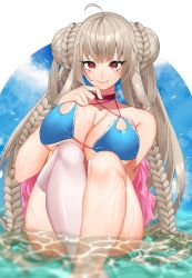 Rule 34 | 1girl, ahoge, azur lane, bikini, bird, blue bikini, blue sky, blush, braid, braided bun, breast suppress, breasts, choker, cleavage, closed mouth, cloud, cloudy sky, commentary, criss-cross halter, crossed legs, day, double bun, eyelashes, feet out of frame, formidable (azur lane), formidable (the lady of the beach) (azur lane), hair bun, halterneck, highres, kayoubi (tuesday 91), knees to chest, large breasts, long hair, looking at viewer, official alternate costume, outdoors, partially submerged, red choker, red eyes, silver hair, single thighhigh, sitting, sky, smile, solo, string bikini, swimsuit, thighhighs, thighs, very long hair, water, wet, white thighhighs