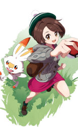 Rule 34 | 1girl, :d, backpack, bag, bob cut, boots, brown bag, brown eyes, brown footwear, brown hair, buttons, cable knit, cardigan, clenched hand, commentary request, creatures (company), dress, eyelashes, game freak, gen 8 pokemon, gloria (pokemon), grass, green headwear, green legwear, grey cardigan, hat, highres, holding, holding poke ball, hooded cardigan, leg up, looking at viewer, miu (angelo whitechoc), nintendo, open mouth, perspective, pink dress, plaid, plaid legwear, poke ball, poke ball (basic), pokemon, pokemon (creature), pokemon swsh, scorbunny, short hair, smile, socks, standing, standing on one leg, tam o&#039; shanter, tongue
