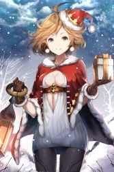 Rule 34 | 10s, 1girl, :&gt;, ahoge, bare tree, black pants, blonde hair, blue sky, breasts, brown gloves, capelet, center opening, cloud, cloudy sky, cowboy shot, dress, earrings, fur-trimmed gloves, fur trim, gift, gloves, granblue fantasy, green eyes, hands up, hat, holding, holding gift, jewelry, lantern, looking at viewer, medium breasts, pants, ribbed sweater, santa costume, santa hat, short hair, sky, smile, snow, sola (solo0730), solo, star (sky), starry sky, sweater, sweater dress, teena (granblue fantasy), tree, wind