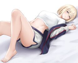 Rule 34 | 1girl, azur lane, bare legs, barefoot, bataan (azur lane), blonde hair, blue eyes, breasts, character request, crop top, feet, foot out of frame, hair between eyes, highres, jacket, jakqbigone, knee up, large breasts, legs, long sleeves, looking at viewer, lying, midriff, navel, official alternate costume, on back, open clothes, open jacket, shirt, short hair, solo, stomach, thighs, toenails, toes, white shirt
