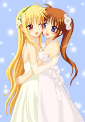 Rule 34 | 00s, 2girls, bare shoulders, blonde hair, blush, bride, brown hair, couple, dress, duplicate, elbow gloves, eye contact, fate testarossa, flower, gloves, good end, happy, hug, jewelry, long hair, looking at another, lyrical nanoha, mahou shoujo lyrical nanoha, mahou shoujo lyrical nanoha strikers, multiple girls, necklace, one eye closed, ponytail, purple eyes, red eyes, saki chisuzu, smile, strapless, strapless dress, takamachi nanoha, very long hair, wedding, wedding dress, wife and wife, wink, yuri