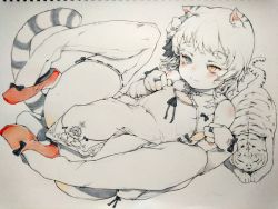 Rule 34 | 1girl, animal ears, animal print, black bow, blue eyes, blush, bow, cat, cat ears, cat tail, china dress, chinese clothes, cleavage cutout, closed mouth, clothing cutout, covered navel, dress, elbow gloves, flower, gloves, hatoba tsugu, hatoba tsugu, heterochromia, lying, monochrome, navel, orange eyes, red footwear, sabusupi, short hair, sleeping, smile, spot color, striped, striped tail, tail, thighhighs, tiger, tiger print, tight clothes, traditional media, virtual youtuber, whiskers, white dress, white flower, white gloves, white thighhighs, white tiger