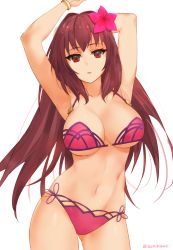 Rule 34 | 1girl, armpits, arms up, bikini, bracelet, breasts, cleavage, fate/grand order, fate (series), flower, hair flower, hair ornament, highres, jewelry, large breasts, long hair, looking at viewer, navel, open mouth, purple hair, red eyes, scathach (fate), scathach (fate/grand order), scathach (swimsuit assassin) (fate), sendo (sendrawz), solo, swimsuit, underboob