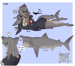 Rule 34 | !, 1girl, 1other, ?, armband, artist name, barefoot, basking shark, black jumpsuit, blue background, border, breasts, bubble, bugita, cetacean tail, cleavage, clothes writing, collarbone, creature and personification, cropped torso, cross, ear piercing, english text, female focus, fins, fish girl, fish tail, from behind, from side, full body, furry, furry female, grey eyes, hand on own chin, head fins, head rest, height, highres, jumpsuit, korean text, large breasts, legs, long sleeves, looking at another, looking at viewer, looking back, lying, mixed-language text, monster girl, multiple views, on stomach, open mouth, original, outside border, personification, piercing, ringed eyes, shark, shark girl, short jumpsuit, signature, speech bubble, spoken exclamation mark, spoken question mark, tail, talking, thick thighs, thighs, translation request, upper body, white border