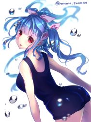 Rule 34 | 10s, 1girl, :o, ass, blue hair, bubble, from behind, hair ribbon, haruno suzune, i-19 (kancolle), kantai collection, long hair, looking back, one-piece swimsuit, open mouth, pink eyes, pink ribbon, ribbon, school swimsuit, shiny clothes, simple background, solo, swimsuit, tri tails, twitter username, white background