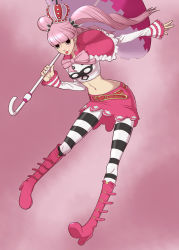 Rule 34 | 1girl, :p, black eyes, black pantyhose, blunt bangs, boots, bow, capelet, crown, diestro, knee boots, long hair, midriff, narrow waist, navel, one piece, pantyhose, parasol, perona, pink hair, red footwear, skirt, solo, striped clothes, striped pantyhose, thighhighs, tongue, tongue out, twintails, umbrella, white pantyhose