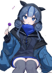 Rule 34 | 1girl, aizuki sui, arknights, black hood, black thighhighs, blue eyes, blue hair, blue jacket, blue sweater, candy, commentary request, cowboy shot, double bun, food, glaucus (arknights), hair between eyes, hair bun, head tilt, highres, holding, holding candy, holding food, holding lollipop, hood, hood up, invisible chair, jacket, light blue hair, lollipop, long hair, long sleeves, looking at viewer, multicolored hair, open clothes, open jacket, parted lips, simple background, sitting, slug girl, solo, streaked hair, sweater, thighhighs, turtleneck, turtleneck sweater, white background, zettai ryouiki