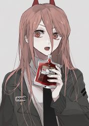 Rule 34 | + +, 1girl, black necktie, blood, blood bag, chainsaw man, character name, coat, collared shirt, cross-shaped pupils, drinking blood, ebanoniwa, fangs, grey background, hair between eyes, highres, holding, horns, long hair, long sleeves, looking at viewer, name tag, necktie, open mouth, pink hair, power (chainsaw man), shirt, simple background, solo, symbol-shaped pupils, wing collar