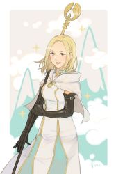 Rule 34 | 1girl, ankh, blonde hair, blue eyes, blush, cleric, dress, gloves, highres, jewelry, jivke, long hair, looking at viewer, octopath traveler, octopath traveler i, ophilia (octopath traveler), priestess, simple background, smile, solo, staff