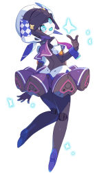 Rule 34 | 1girl, android, blue eyes, dia (world flipper), finger gun, floating, from behind, head tilt, highres, looking at viewer, looking back, metal skin, om (nk2007), open hand, open mouth, smile, solo, sparkle, white background, world flipper