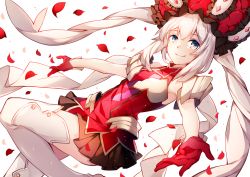 Rule 34 | 1girl, blue eyes, commentary request, dress, fate/grand order, fate (series), gloves, hat, large hat, long hair, marie antoinette (fate), miya (izumi369), petals, red gloves, rose petals, short dress, simple background, smile, solo, thighhighs, twintails, white background, white hair, white thighhighs